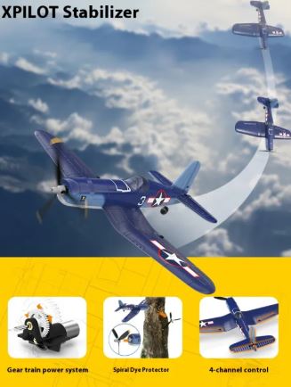 XPILOT Stabilizer showing a blue remote control aircraft demonstrating four-channel control features.