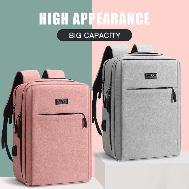 Men's Casual Travel Laptop Backpack Daypack in pink and gray colors showcasing high appearance and big capacity.