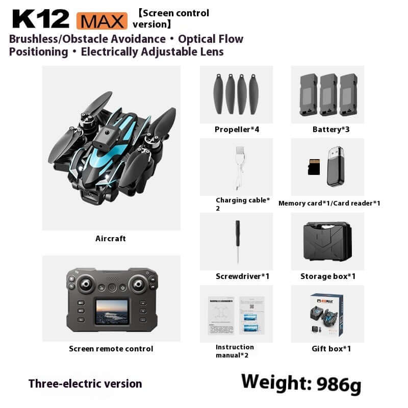 K12MAX Brushless UAV with Screen Remote showing aircraft, screen remote control, batteries, propellers, and accessories.
