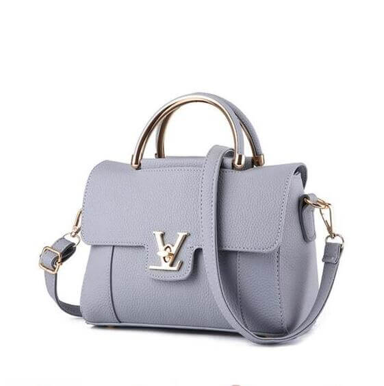 Chic shoulder crossbody tote bag collection in light grey PU leather with gold accents and detachable strap.