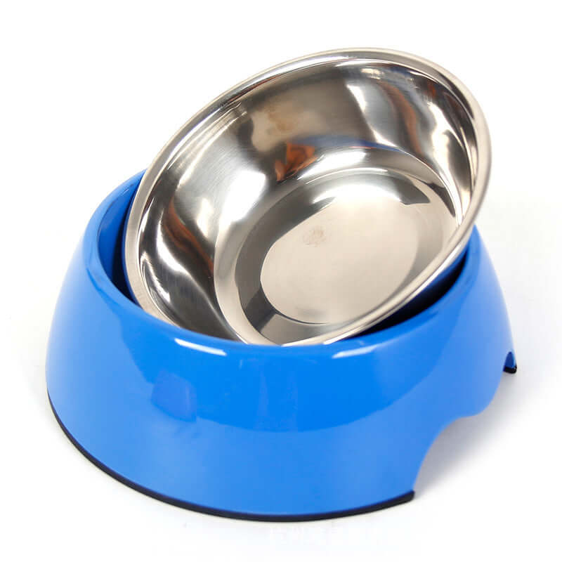 Non-Slip Dual-Use Stainless Steel Pet Bowl with blue base and stainless steel interior for pets.