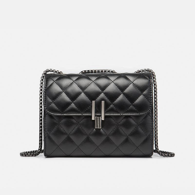 Trendy women's messenger handbag in black quilted design with chain strap, perfect for stylish functionality.