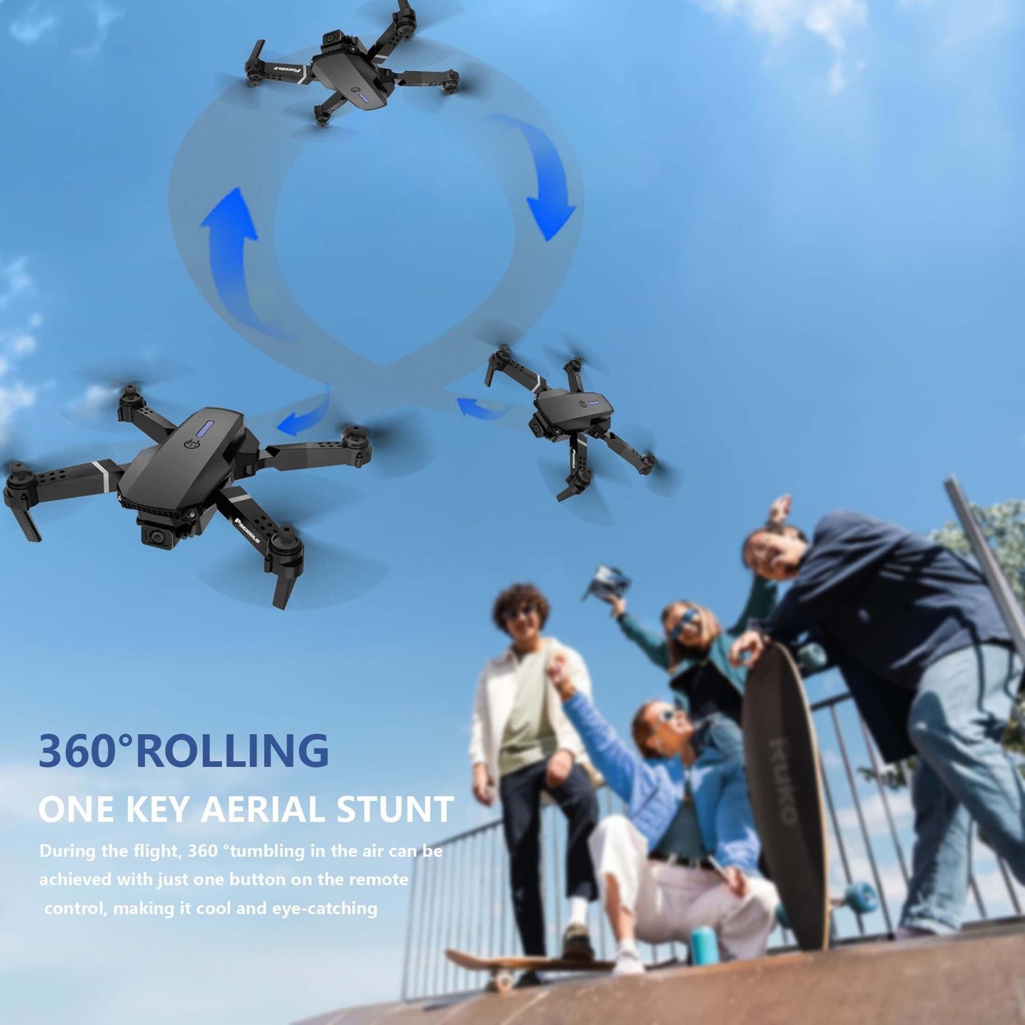 E88 Dual Camera RC Drone performing 360° rolling aerial stunt with friends enjoying the outdoor fun.