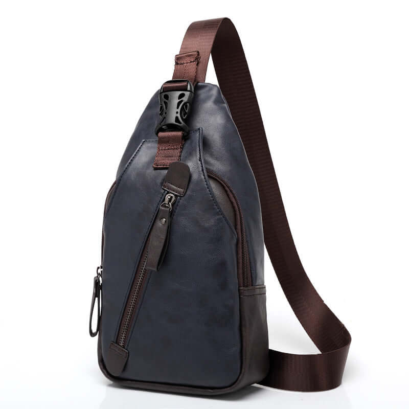 Men's waterproof chest bag made of PU leather with a single-shoulder strap and zipper pocket.