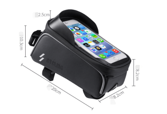 High-quality handlebar bicycle bag, designed for smartphones, measuring 20cm x 8.2cm x 10.3cm, black color.