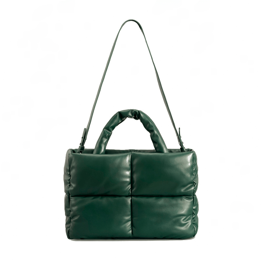 Women's quilted tote bag in green, featuring a stylish square design and durable PU material.