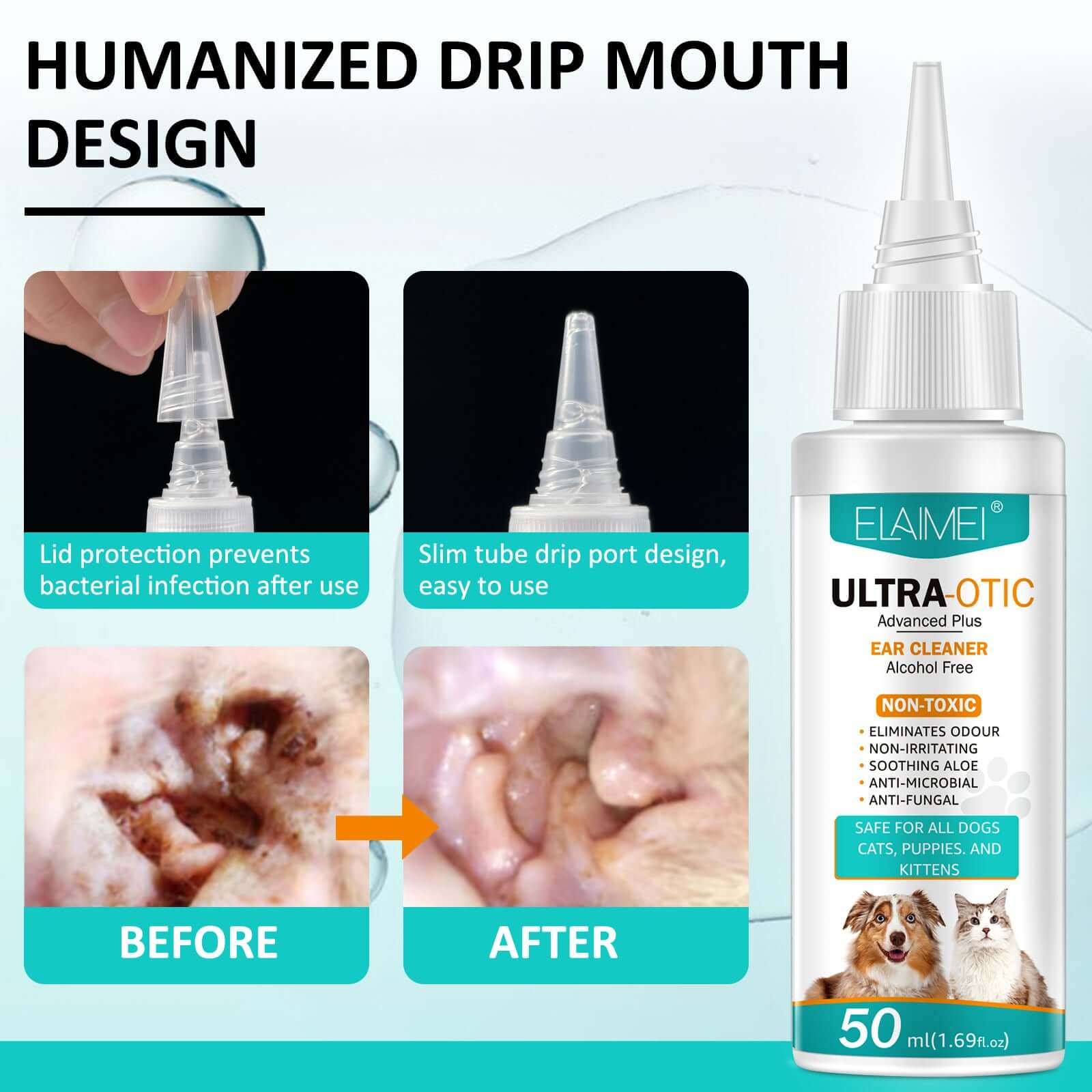 Pet ear cleaning solution with humanized drip design for easy application, safe for dogs and cats, 50ml bottle.