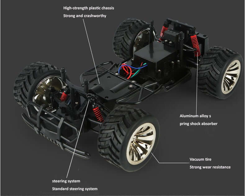 Speed Pro BG1516 High-Speed RC Car with WiFi Camera chassis features including strong plastic chassis and aluminum shock absorber.