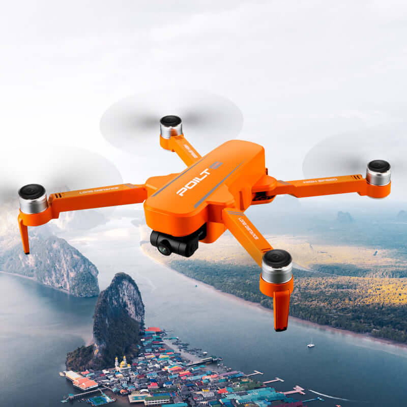 JJRC GPS drone with long battery life flying over scenic landscape and coastal village.