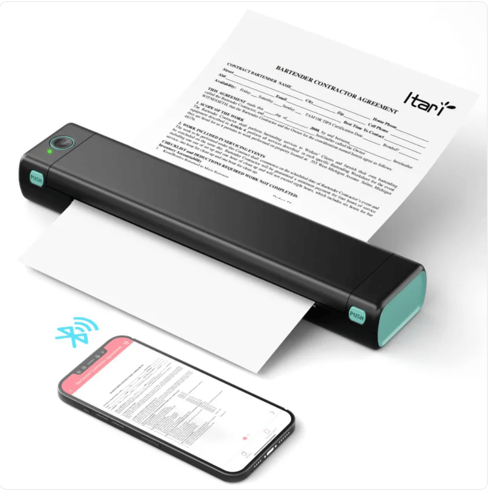 Portable Bluetooth thermal printer for travel next to printed documents and a smartphone.
