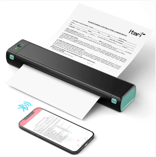 Portable Bluetooth thermal printer for travel next to printed documents and a smartphone.