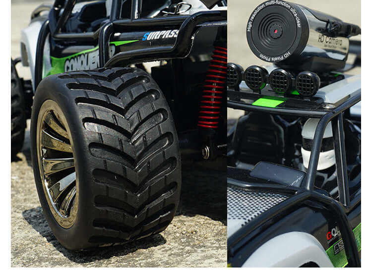 Speed Pro BG1516 High-Speed RC Car with WiFi Camera showing detailed tire tread and camera.