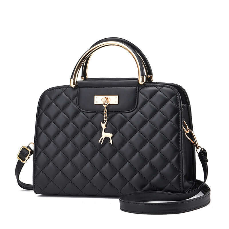 Fashionable quilted leather shoulder bag with gold accents and a stylish charm.