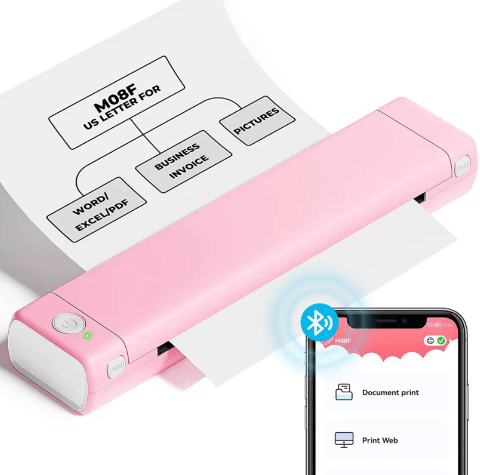 Portable A4 Thermal Printer printing documents via Bluetooth with a smartphone in pink color.
