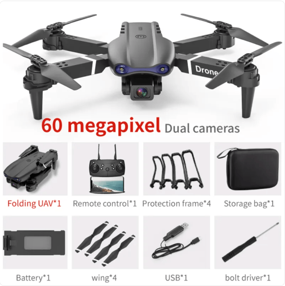 E99 Folding 4K Camera Drone with Remote Control showcasing dual cameras and accessories.