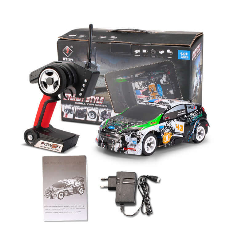 K989 remote control racing car with controller, charger, and instructions in box on white background.