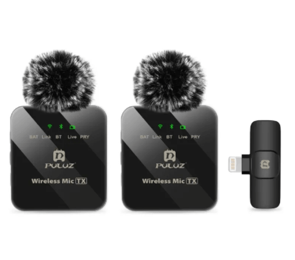 Wireless microphone system with two transmitters and a lightning adapter for neck clip microphone setup.
