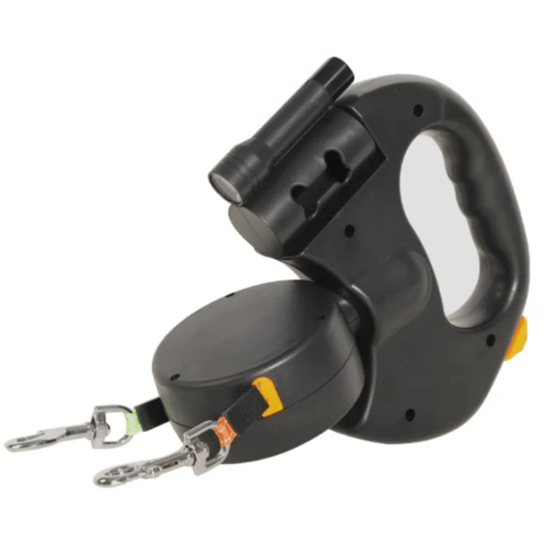 Automatic double dog leash with retractable design and dual lines for walking two dogs safely.