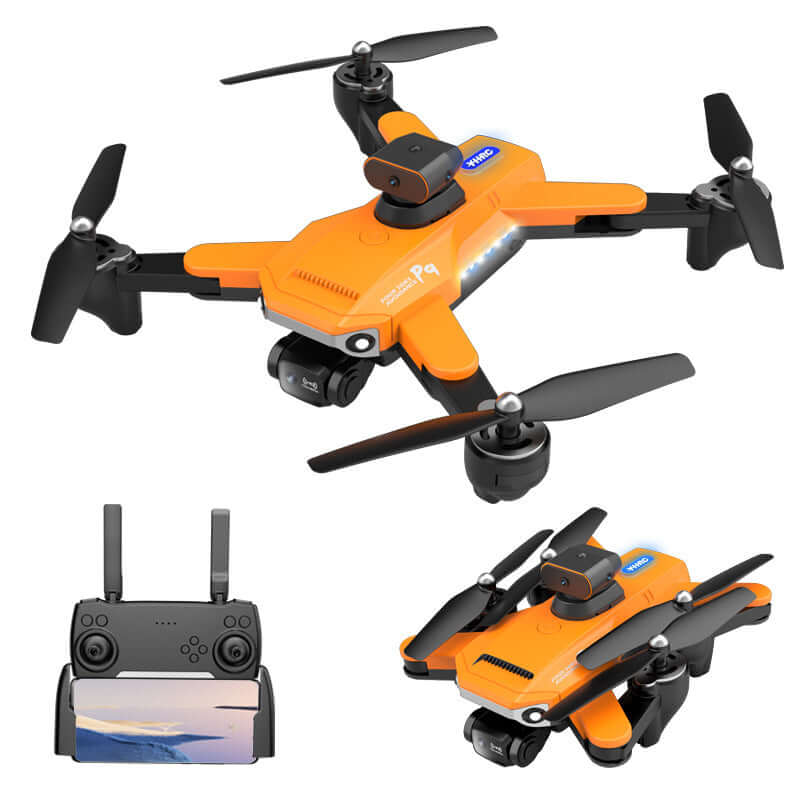 P9 Carbon Fiber GPS Drone with HD Camera and Obstacle Avoidance in vibrant orange color with remote controller
