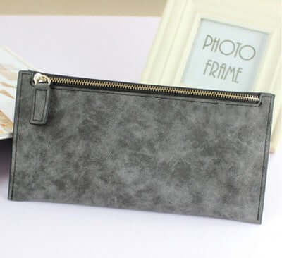 Personalized Long Wallet for Women in elegant gray PU leather with a zipper closure.