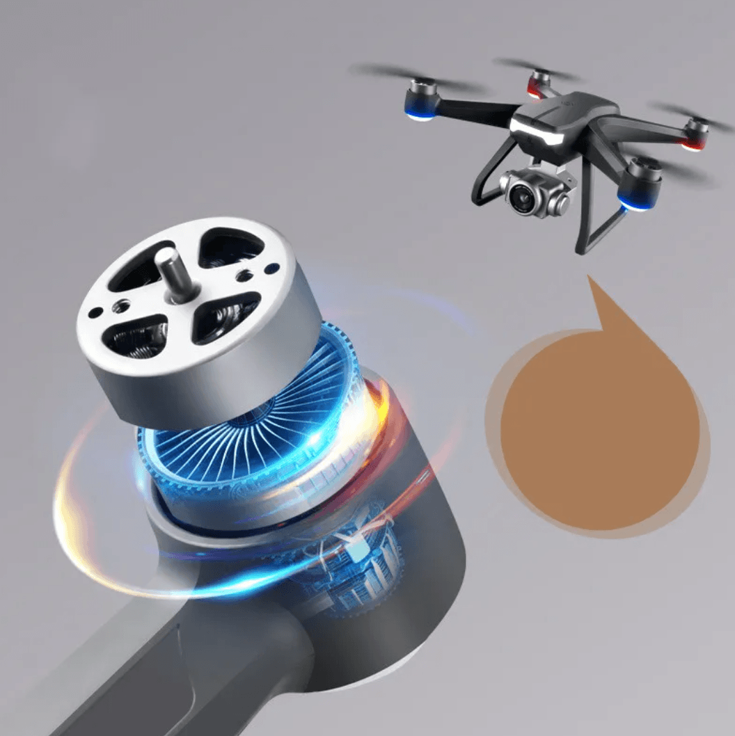 Close-up of the motor and propeller of a long-range remote control quadcopter in flight.