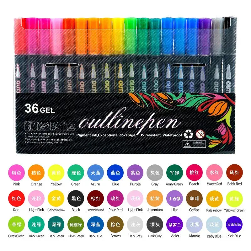 Double Line Outline Pen 24 Color Suit Dream Color Mark Fluorescent Marker - 36 vibrant gel pens set.