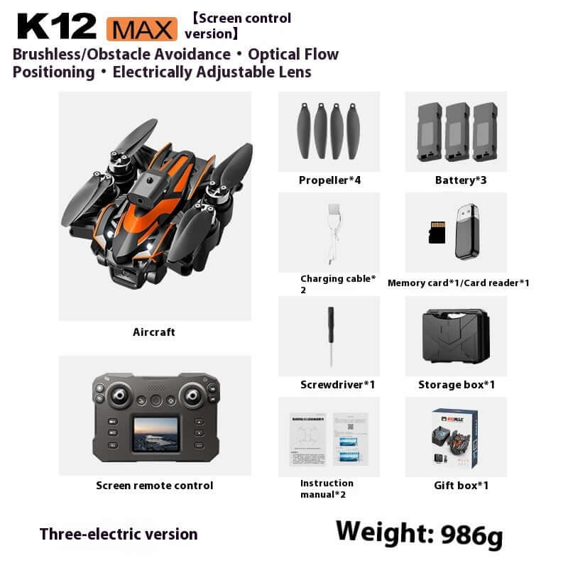 K12MAX Brushless UAV with Screen Remote featuring aircraft, screen remote, batteries, and accessories.
