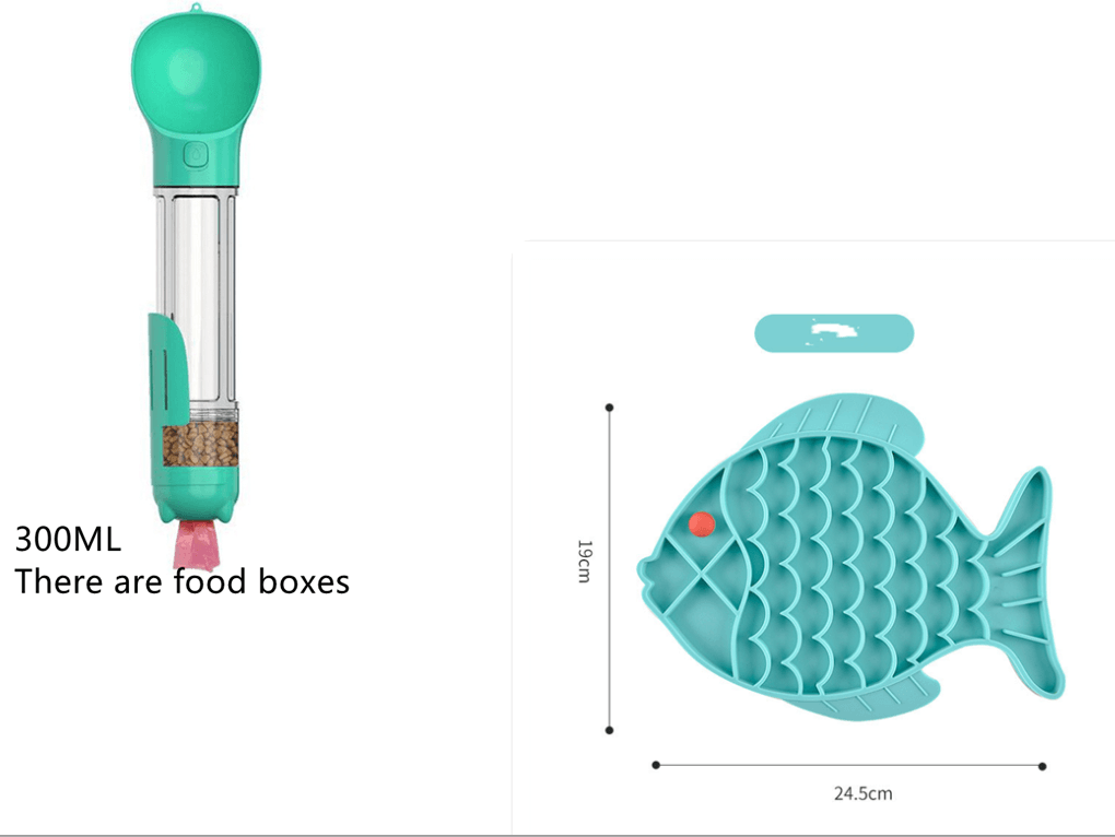 Silicone slow food plate for dogs shaped like a fish with food dispenser, 300ML capacity, in vibrant turquoise.