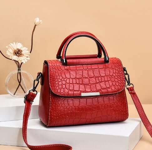 Fashionable Shoulder Crossbody Tote Bag for Women in red crocodile texture with handle and strap.