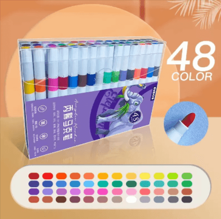 Kids’ Doodle Acrylic Markers – Waterproof & Quick-Drying set with 48 vibrant colors in a clear box.