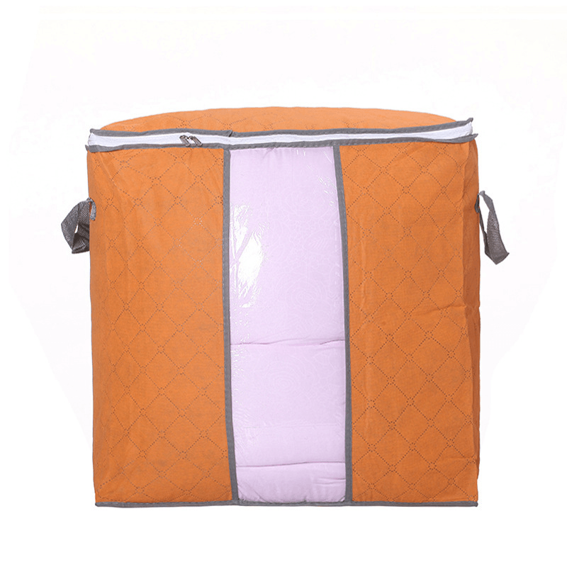 Storage Bag Quilt Storage Bag Moving Packing Bag Clothes Sorting Bag Clothing Duffel Bag in orange with gray accents.