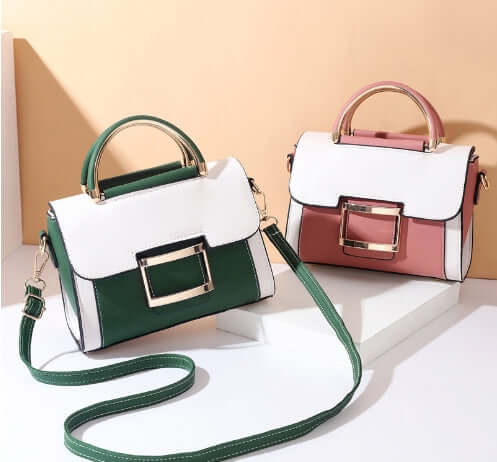 Stylish women's crossbody bag in green and pink with modern design, perfect for summer fashion.