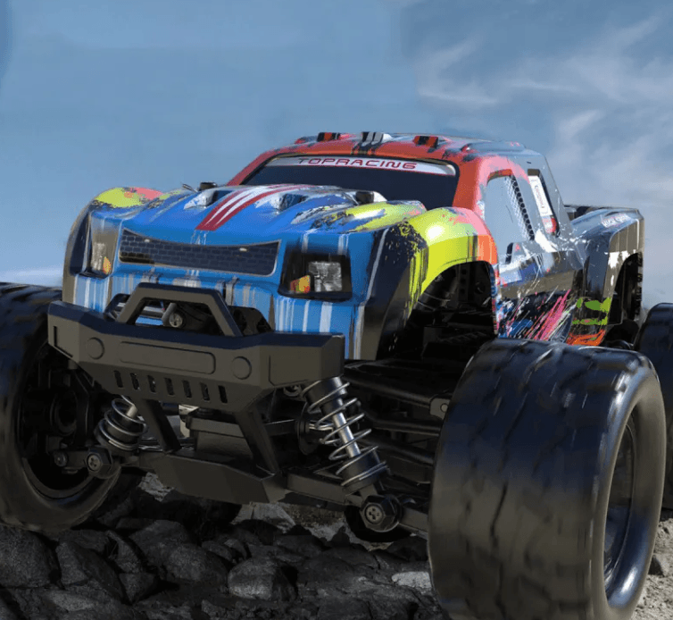 Remote Control Car with vibrant design and oversized tires, showcasing robust construction and performance features.