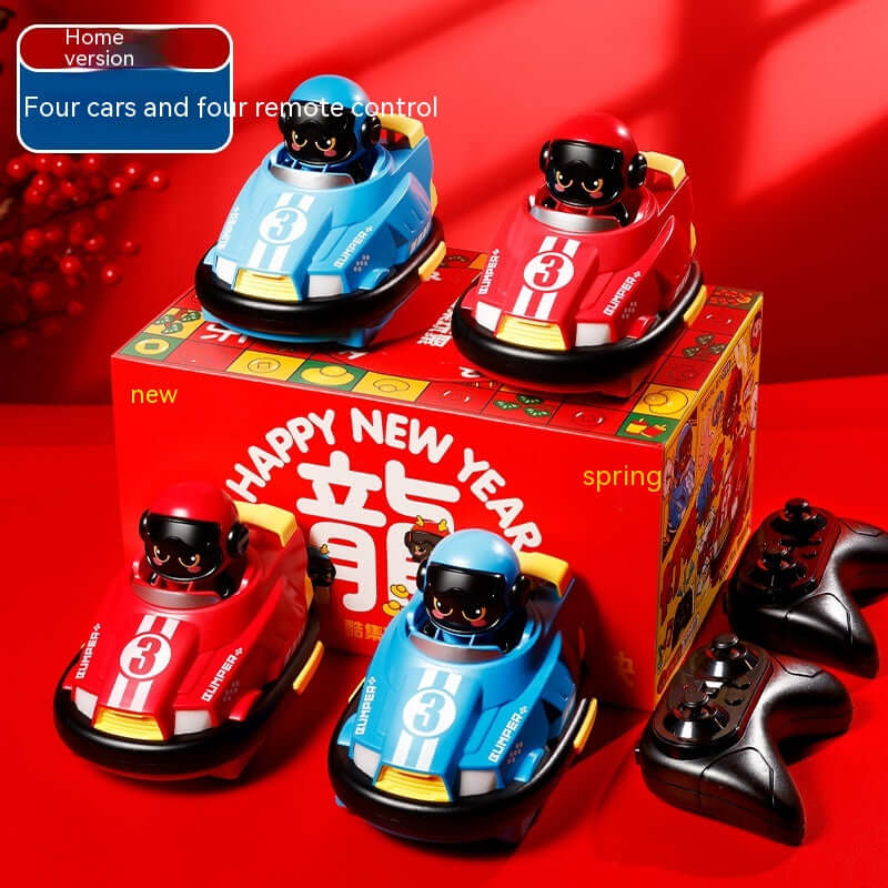 Remote Control Bumper Car Toy Set with four colorful cars and remotes on a festive background.