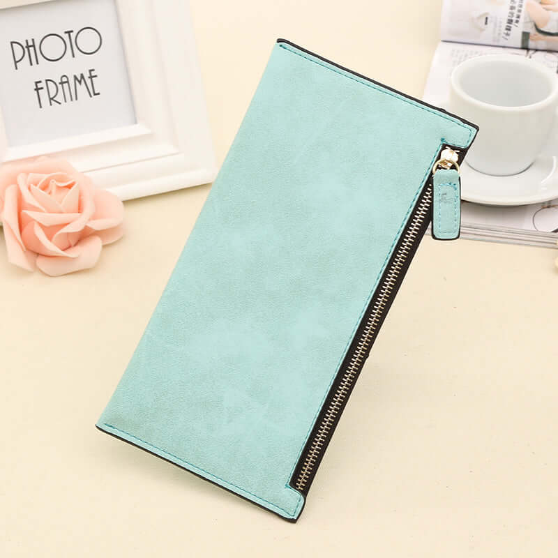 Personalized Long Wallet for Women in mint green color with zipper and chic design.