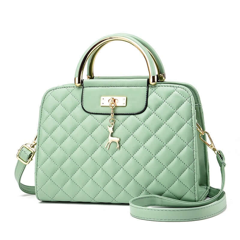 Fashionable Women's PU Leather Quilted Shoulder Bag in mint green with gold detailing and a diamond pattern.
