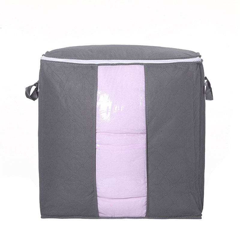quilt storage bag for moving in gray with pink front panel, ideal for organizing clothes and bedding.