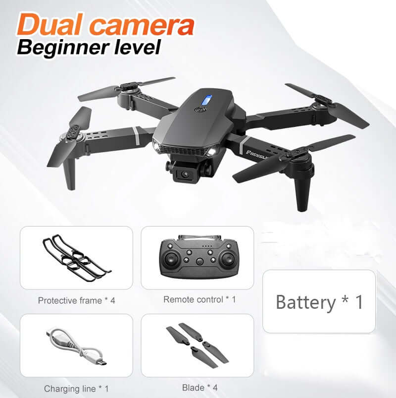 E88 Dual Camera RC Drone with dual cameras, protective frame, remote control, and battery, designed for beginner pilots.