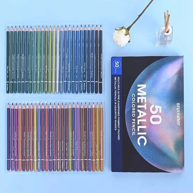 Brutfuner 50-Color Pearlescent Colored Pencils Set displayed with vibrant colors and packaging on a blue background.