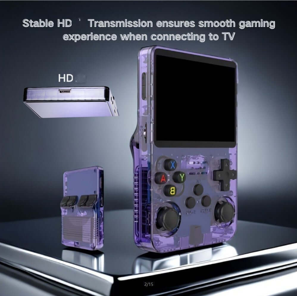 64GB Handheld Game Console in purple, showcasing HD connectivity for a smooth gaming experience.