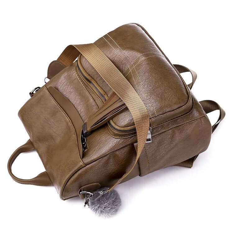 Retro women's fashion backpack in brown PU leather with multiple compartments and stylish design.