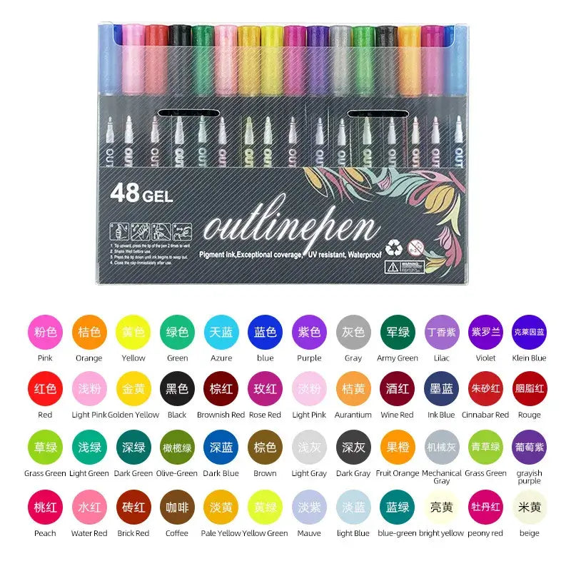 Double Line Outline Pen 24 Color Suit Dream Color Mark Fluorescent Marker set featuring vibrant gel pens.