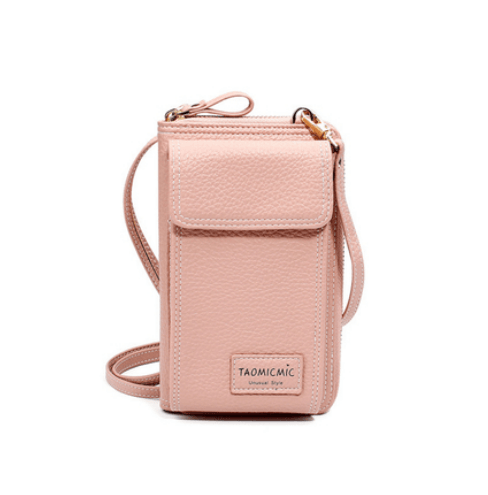 Stylish crossbody shoulder bag in pink, ideal for carrying phones and essentials securely.