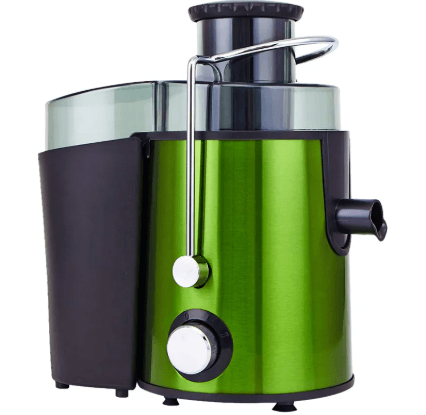 Multi-Function Electric Juicer in vibrant green color with transparent components and sleek design.