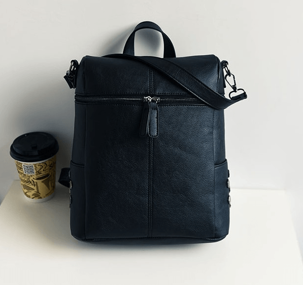 Stylish Women's Backpack, Student Backpack, Rucksack with a chic black leather design.