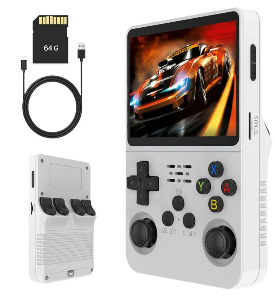 64GB Handheld Game Console with charging cable and 64GB card, showcasing classic gaming experience.
