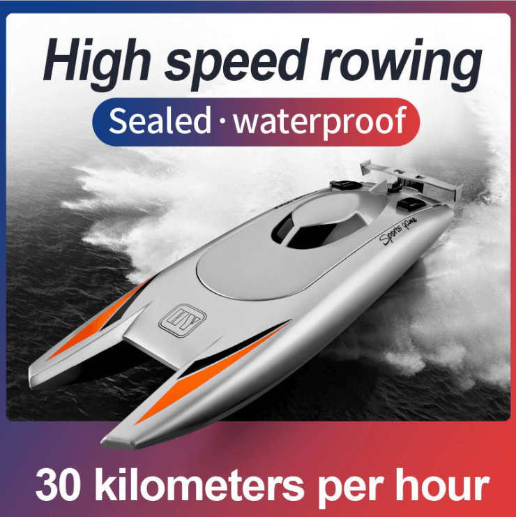 High speed dual motor remote control boat for kids, sealed and waterproof, speeds up to 30 kilometers per hour.