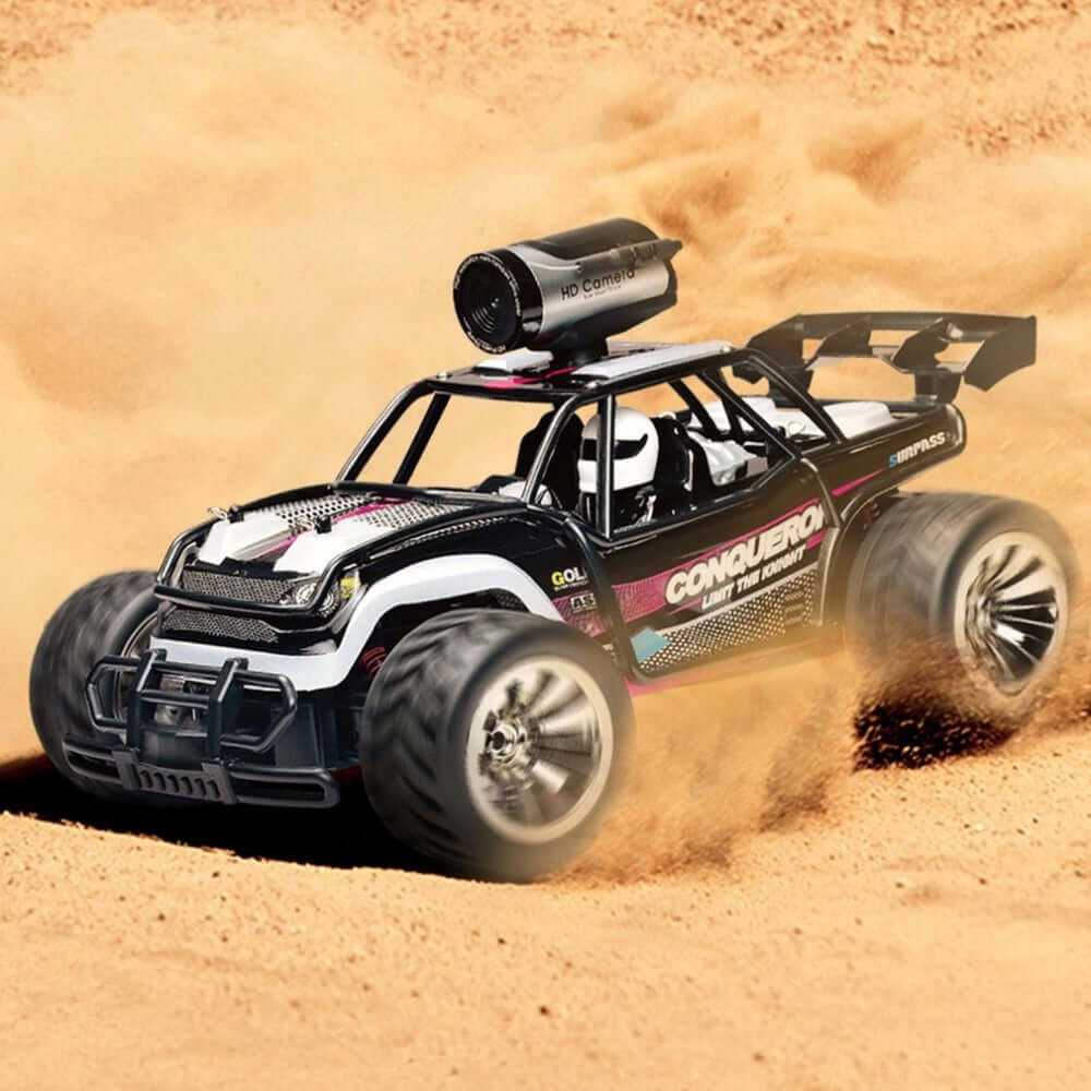 Speed Pro BG1516 High-Speed RC Car with WiFi Camera racing through sand with an HD camera mounted.