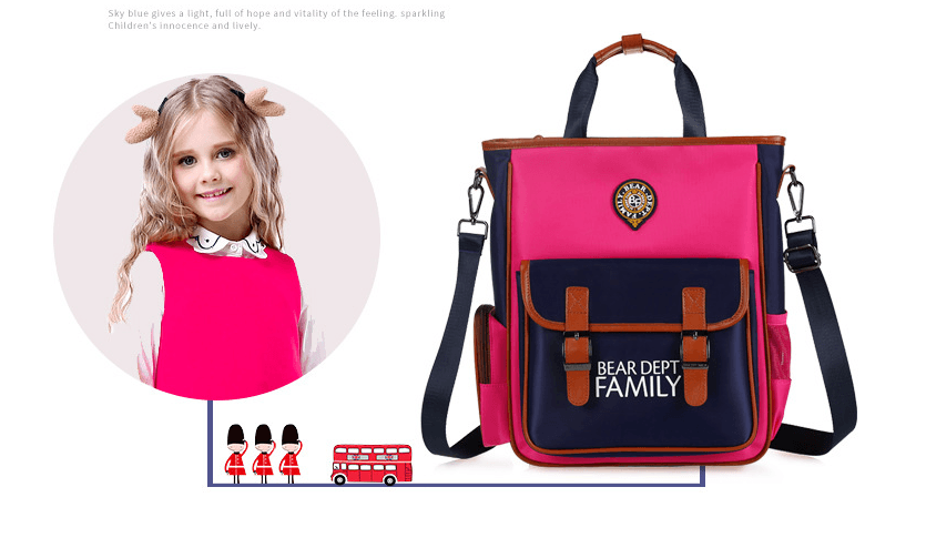 Children's tutoring crossbody bag in vibrant pink and blue, perfect for school adventures.