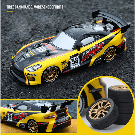 Remote control car featuring sleek design, interchangeable tires for enhanced drifting performance.